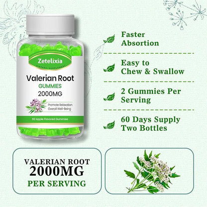 2 Pack Organic Valerian Root Gummies, Herbal Supplement for Relaxation & Mood Support, Sleep Gummies Without Melatonin for Adults, Vegan, Non-GMO, Apple Flavor, 120 Count