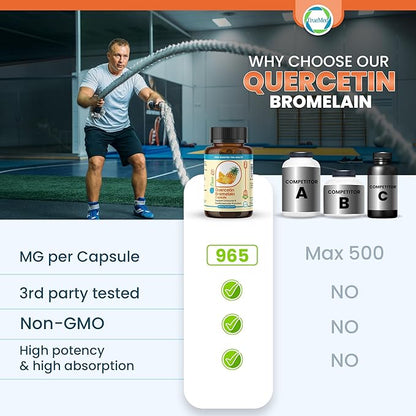 Quercetin Bromelain Supplement Supports Immune Function, Cardiovascular Health & Antioxidant Protection 800mg Quercetin 165mg Bromelain, 60 Veg Capsules, Supports Healthy Inflammation Response