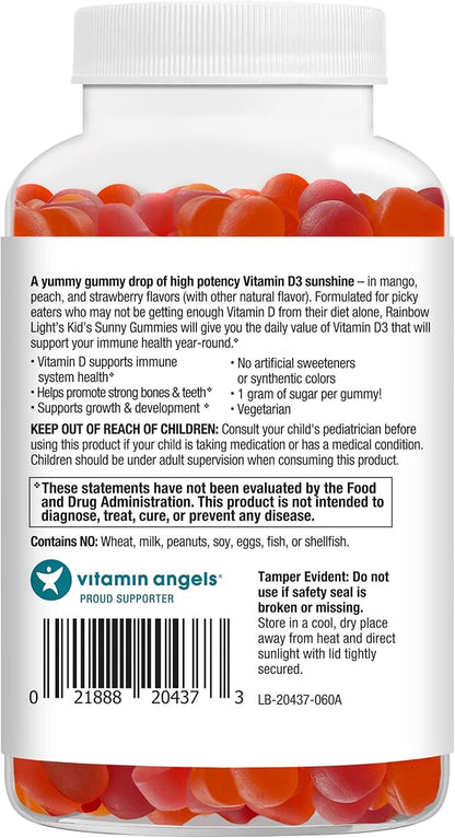 Rainbow Light Kid's Sunny Gummies Vitamin D3 1000 IU Gummy Supplement, Assorted Fruit Flavor, 60 Count, 1 Bottle