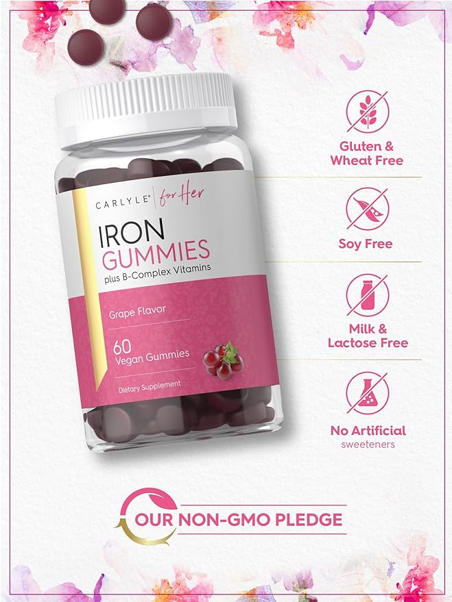 Carlyle Iron Gummies | Plus B-Complex Vitamins | 60 Vegan Gummies | Grape Flavor | Non-GMO, Gluten Free Supplement
