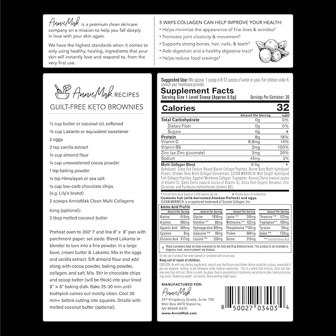 AnnieMak Collagen Peptides Powder with Bone Broth, Protein & More for Skin Care, Healthy Hair & Nails, Grass Fed, Clean Multi Collagens Supplement for Women's Wellness, Gluten Free, Unflavored