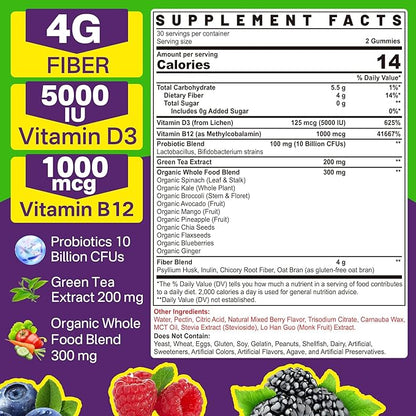 Probiotics Fiber Gummies for Adults Sugar Free + Psyllium Husk Fiber Supplement (Soluble + Insoluble) /w Vitamin B12 1000 mcg Vitamin D3 5000 iu for Metabolism - 60 Count (Pack of 2)