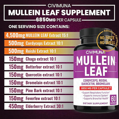 (2 Packs) Mullein Leaf Capsules 6850mg - Mullein Leaf, Cordyceps, Reishi - 4 Months Supply