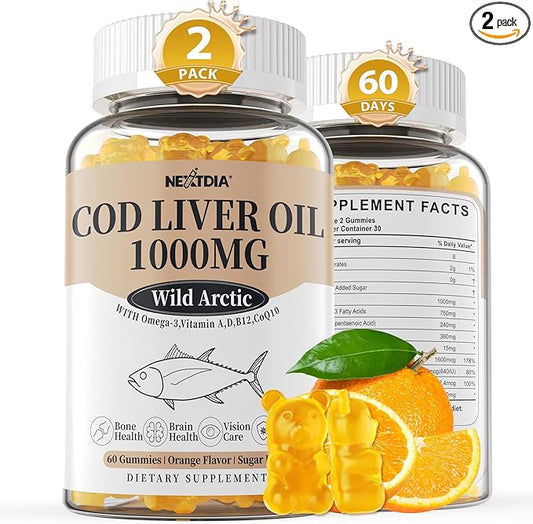 Cod Liver Oil 1000mg Gummies for Adults & Kids, with Vitamin A & D3 - Omega 3 Fish Oil Alternative - DHA 360mg & EPA 240mg for Brain, Bone, Eye & Immune Health, Sugar Free, 120 Cts