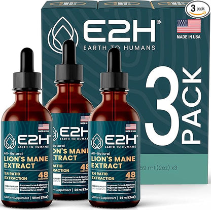 E2H Lion’s Mane Extract - Promotes Mental Clarity, Memory & Focus - Lion’s Mane Mushroom Supplement for Inmune Support - Non-GMO, Vegan - (3 Bottles)