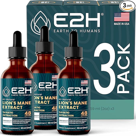 E2H Lion’s Mane Extract - Promotes Mental Clarity, Memory & Focus - Lion’s Mane Mushroom Supplement for Inmune Support - Non-GMO, Vegan - (3 Bottles)