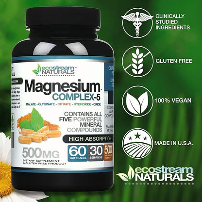 Magnesium Complex 500mg - All 5 Magnesium Mineral Compounds - High Absorption - Gluten Free