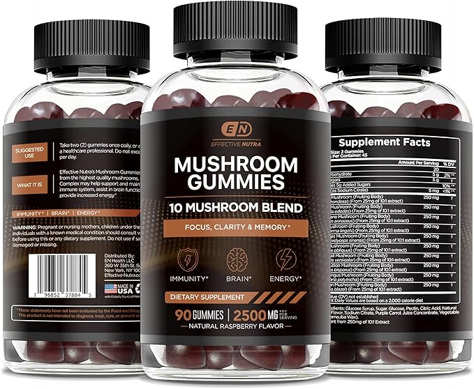 Mushroom Gummies 2500mg | 10 Blend w/Lions Mane, Reishi, Chaga, Cordyceps & More | Focus, Memory, Immunity, Energy | Natural Berry Flavor Supplement | Vegan, Made in USA (90ct)