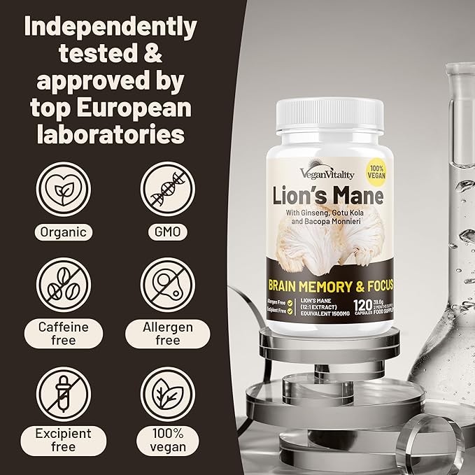 Vegan Vitality Lions Mane Supplement Capsules - Nootropic Brain Support Supplement, Lions Mane Mushroom Extract Capsules - 120 Vegan Bacopa Monnieri, Gotu Kola, Ginseng