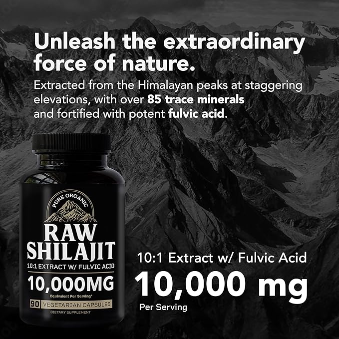 Highest Grade Shilajit with 85+ Trace Minerals (90 Vegan Capsules, 1000mg 10:1 Gold Standard Extract per Serving) with Fulvic Acid for Powerful Energy and Immune Support.