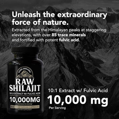 Highest Grade Shilajit with 85+ Trace Minerals (90 Vegan Capsules, 1000mg 10:1 Gold Standard Extract per Serving) with Fulvic Acid for Powerful Energy and Immune Support.