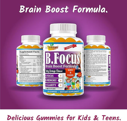 Therefore Kids Brain Booster Supplement Omega 3 for Kids & Teens, Focus Gummies Support Mental Clarity, Attention Concentration, Brain Supplements for Memory and Focus, Fruity Flavor 60 Gummy