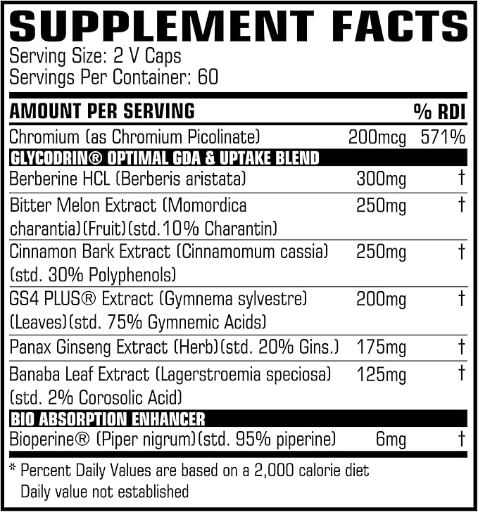 GLYCODRIN | Powerful GDA with Berberine HCL, Cinnamon, Banaba, Patented GS4 Plus & More; 120 V Caps (60 Servings)