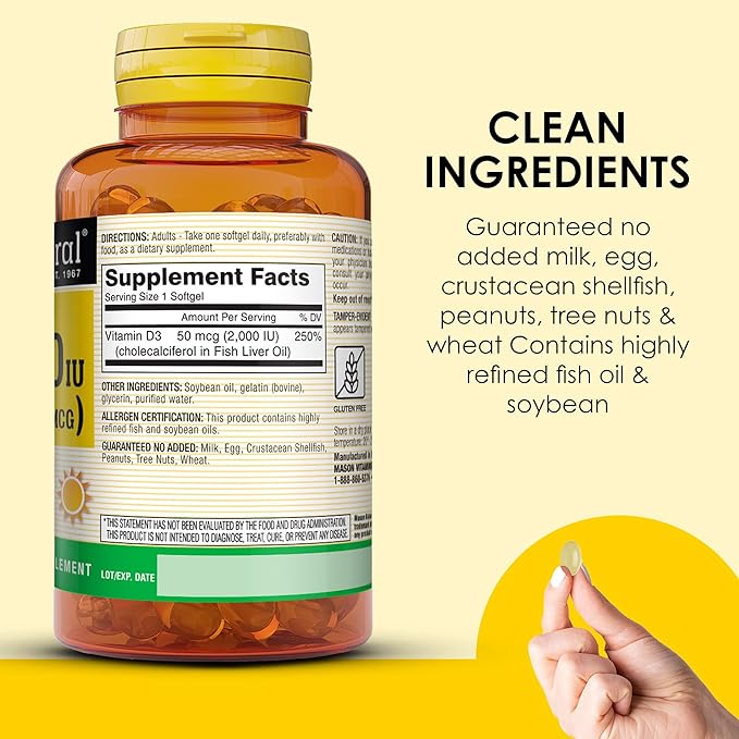 MASON NATURAL Vitamin D3 2,000 IU Ultra Strength, Supports Bone Density, Strength & Immune Health, 120 Softgels