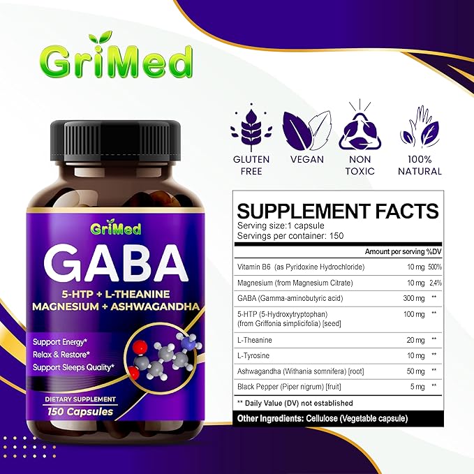 GriMed GABA 16,280mg - X15 Power with 5-HTP, L-Theanine, Magnesium, Ashwagandha - Relax & Restore, Support Sleep Well - Made in USA (150 Count (Pack of 1))