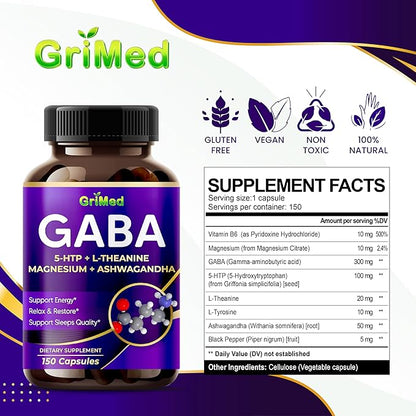 GriMed GABA 16,280mg - X15 Power with 5-HTP, L-Theanine, Magnesium, Ashwagandha - Relax & Restore, Support Sleep Well - Made in USA (150 Count (Pack of 1))