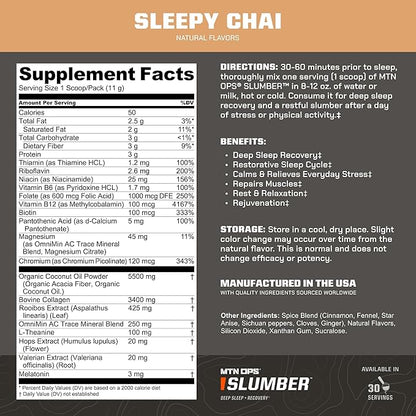 MTN OPS Slumber Sleep Aid for Muscle Recovery & Deep Sleep, Sleepy Chai Sleep Support Powder Drink Mix, 30 Servings