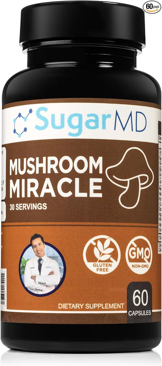 SugarMD Mushroom Miracle | Mushroom Supplements for Immunity | Has Shiitake, Reishi, Maitake, Cordyceps, Lion Mane, Turkey Tail | Doctor Formulated | Non-GMO & Gluten-Free (60 Capsules)