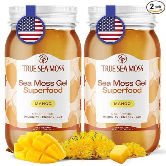 TrueSeaMoss Sea Moss Gel – Made in USA – Wildcrafted Seamoss, Fresh Fruits & Sea Vegetables – Mango, Pack of 2 (Labels may Vary)