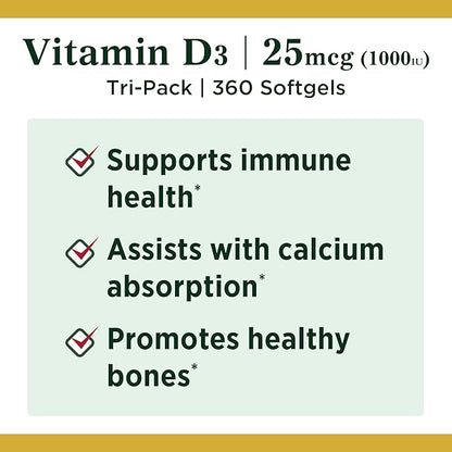 Nature's BountyVitamin D3 1000 100 mg, 120 Softgels (Pack of 3)