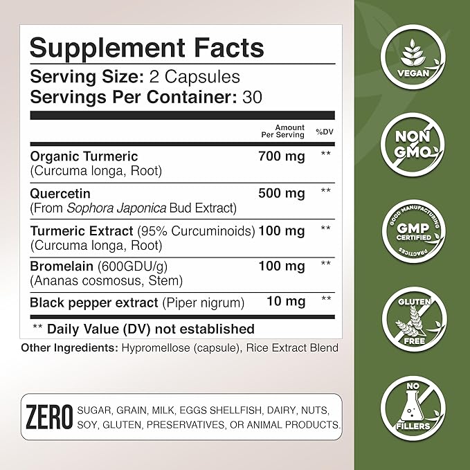 Gade Nutrition Turmeric Quercetin with Bromelain Supplement | Turmeric Supplement with Quercetin 500mg Capsules for Immune Support, Allergy Relief, Joint Support, Made in USA
