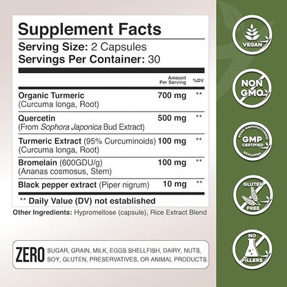 Gade Nutrition Turmeric Quercetin with Bromelain Supplement | Turmeric Supplement with Quercetin 500mg Capsules for Immune Support, Allergy Relief, Joint Support, Made in USA