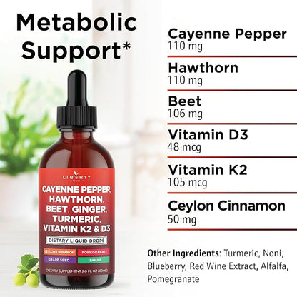 Cayenne Pepper Supplement Liquid Drops + Hawthorn Berry, Vitamin D3 K2 Beet Root Powder, Ceylon Cinnamon, Turmeric Curcumin, Organic Panax Ginseng - 8oz
