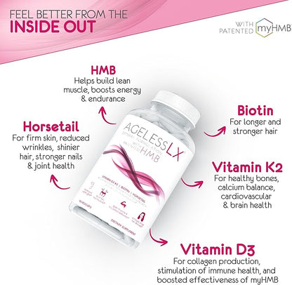 HMB Supplements for Women - Collagen Enhancer Capsules - Anti-Aging for 40 + - Lean Muscle Builder - Biotin, Vitamin D3 K2 Supplement for Youthful Skin, Joint, Bones - 60 Servings