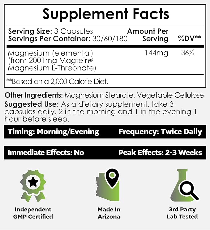 Nootropics Depot Magtein Magnesium L-Threonate Capsules | 180 Count | Mineral Supplement | Natural | Supports Mitochondrial Function | Boosts Energy and Cognitive Function