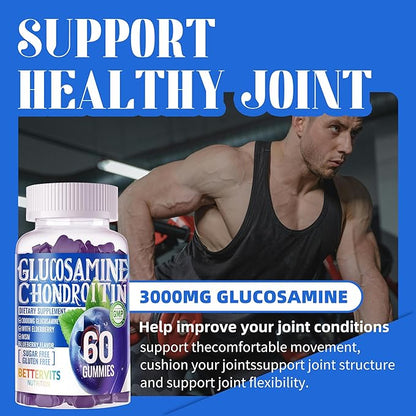 Glucosamine Chondroitin Gummies with MSM & Elderberry Extra Strength - Joint Support, Antioxidant Immune Support Supplement for Adults, Men & Women.60 Blueberry Gummies