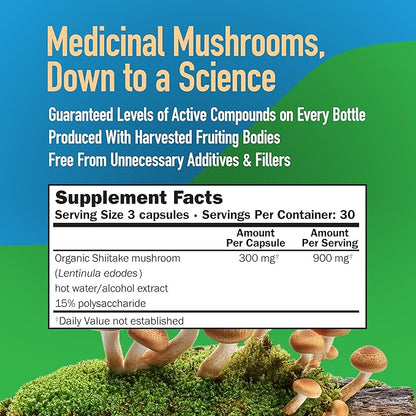 Shiitake Mushroom Capsules, Full Spectrum Extract, Natural Mushroom Supplement for Adults, Hot Water Extracted Mushrooms, Health Defense Support, Vegetarian, 300MG, 90 Count