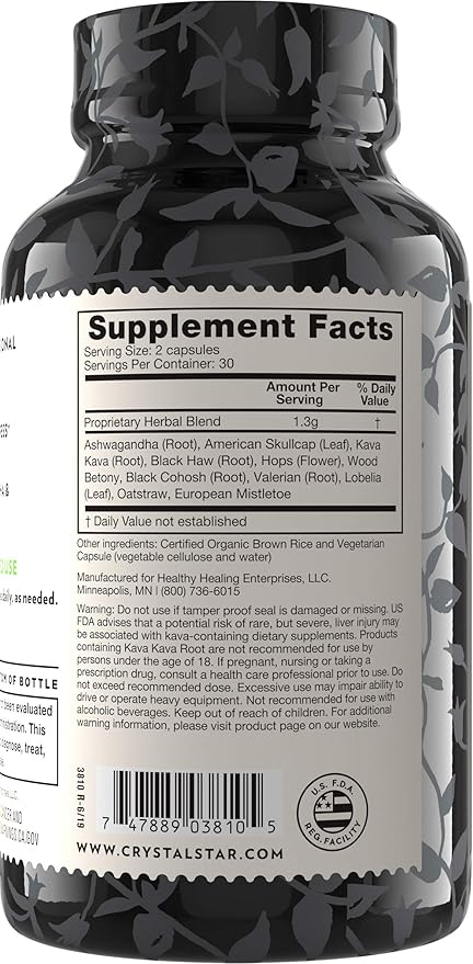 Crystal Star Relax (60 Capsules) - Helps Calm Nerves with Ashwagandha, American Skullcap And Kava Kava - NON-GMO