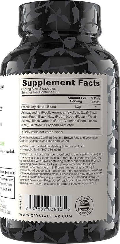 Crystal Star Relax (60 Capsules) - Helps Calm Nerves with Ashwagandha, American Skullcap And Kava Kava - NON-GMO