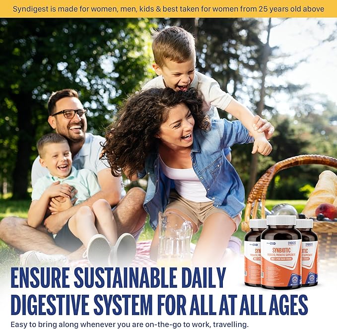 Syndigest probiotic daily care for women & men with dual benefit of 5 probiotic & prebiotic strains, balance gut health & relieves constipation, travel friendly, 30 capsules (2 billions CFU/serving)