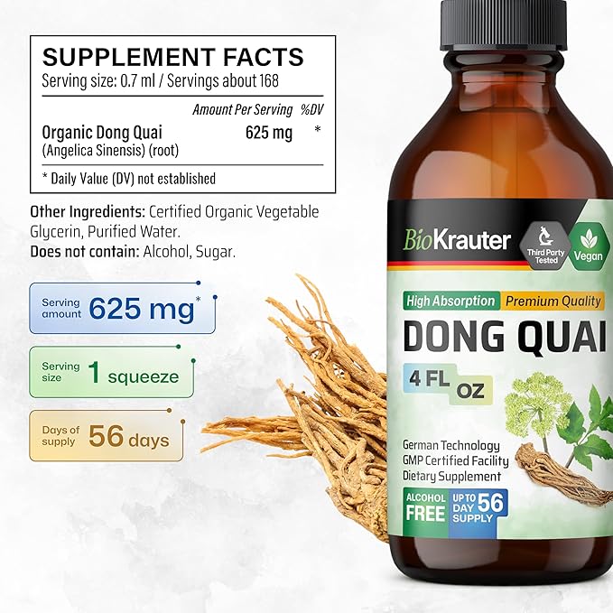 BIO KRAUTER Dong Quai Tincture - Angelica Root Liquid Extract - Women’s Health Support - Alcohol and Sugar Free Angelica Tincture - Vegan Dong Quai Drops 4 Fl.Oz.