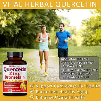 Premium High Purity Quercetin 98% with Bromelain Capsules Equivalent to 3470 mg - Maximum Potency with Green Tea Ashwagandha - Supports Overall Health Strength Energy - 90 Days Supply