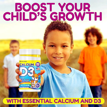 Calcium D3 Chewable Tablets for Kids – 640 mg Calcium & 320 IU Vitamin D3 – Non-GMO, Milk Flavor – Bone & Teeth Support Supplement – 90 Tablets for Ages 2+