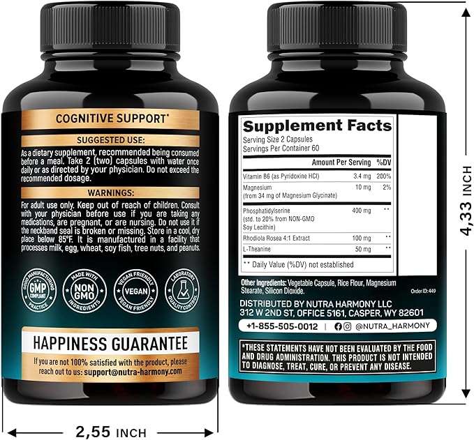Phosphatidylserine 400 mg with L-Theanine, Magnesium & Vitamin B6, Rhodiola Rosea - Brain, Memory & Focus Support - Certified NON-GMO, Naturally Derived & Bioavailable - Made in USA - 120 Сapsules