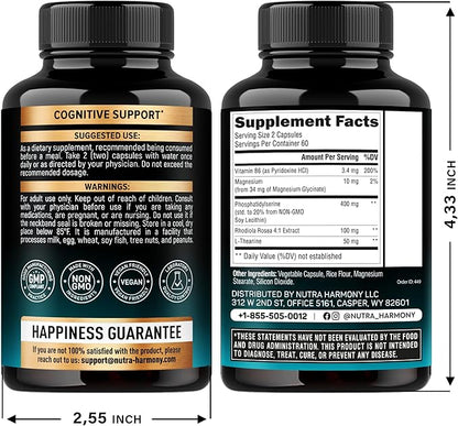 Phosphatidylserine 400 mg with L-Theanine, Magnesium & Vitamin B6, Rhodiola Rosea - Brain, Memory & Focus Support - Certified NON-GMO, Naturally Derived & Bioavailable - Made in USA - 120 Сapsules