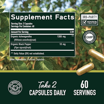 Ashwagandha Supplement 1300mg for Stress Resistance & Energy Boost | High Absorption Adaptogen from Root Powder with Black Pepper | Stress-Related Fatigue Support | Non-GMO | 120ct, 2-Month Supply