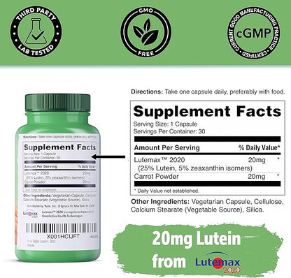 Yuve 20mg Lutein & Zeaxanthin Eye Health Supplement with Clinically Studied Lutemax 2020 Carotenoid Complex - Supports Dry Eyes, Fatigue & Vision Clarity - 30 Vegan Capsules