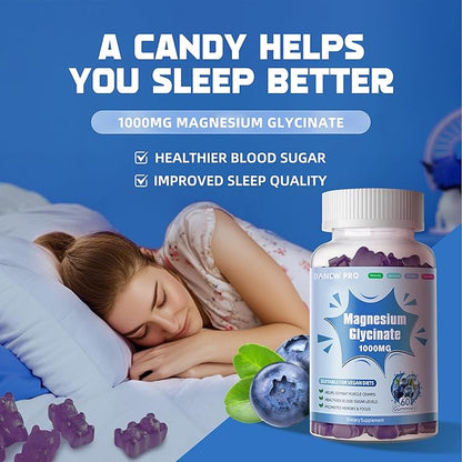 Magnesium Glycinate Gummies 1000mg - Sugar Free Magnesium Potassium Supplement with Vitamin D, B6, CoQ10 for Calm Mood & Sleep Support - 60 Blueberry Gummies