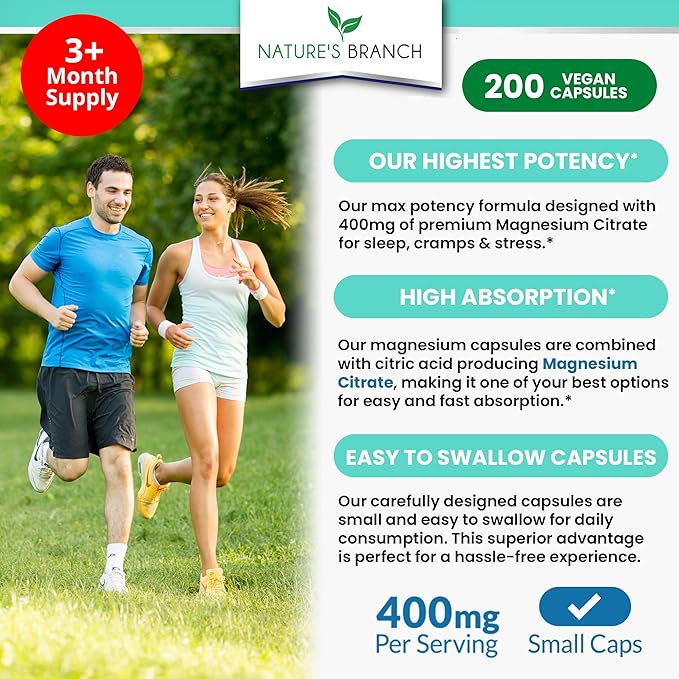 Magnesium Citrate 400mg - 200 Capsules - High Potency for Sleep, Leg Cramps, Extra Strength Absorption, Easy to Swallow Pills for Women & Men, Vegan Supplement Not Tablets - Made in USA