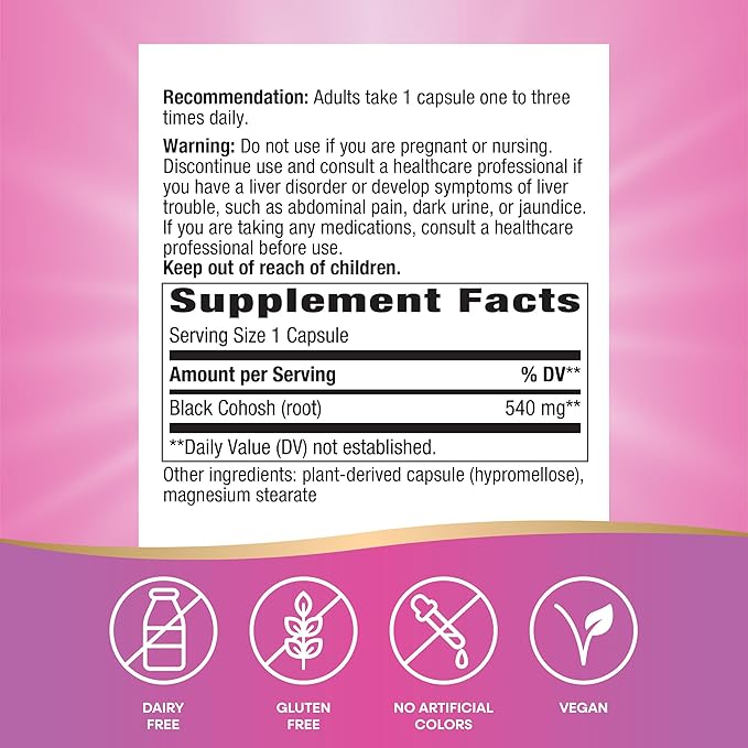 Nature's Way Black Cohosh Root, Traditional Support for Women's Health*, 540 mg per Serving, Non-GMO Project Verified, 180 Capsules