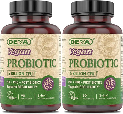 DEVA Vegan Probiotic, 5 Billion CFU 2-Pack – Dairy-Free FOS Prebiotics, Probiotics & Postbiotics, Digestive Health, Gut Support, 90 Vegan Caps Ea