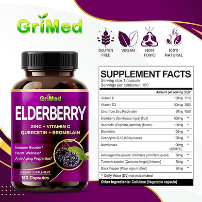 GriMed Elderberry 21,900mg - X15 Power with Zinc, Vitamin C, Quercetin, Bromelain - Immune Booster, Anti-Aging Properties - Made in USA (150 Count (Pack of 1))