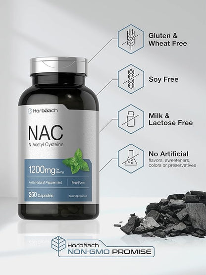 Horbäach NAC N-Acetyl Cysteine Supplement 1200mg | 250 Capsules | with Natural Peppermint | Non-GMO, Gluten Free