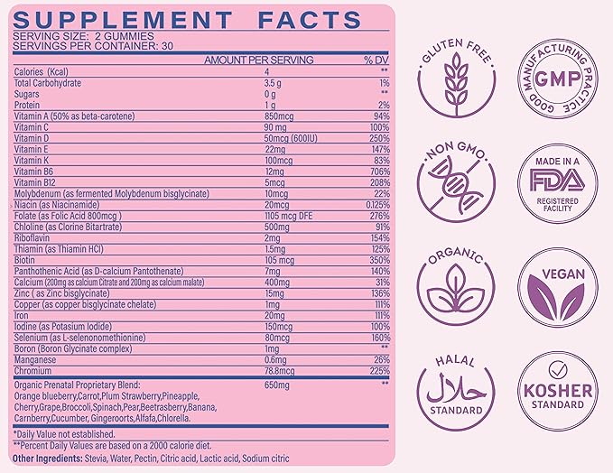 Sugar Free Prenatal Gummies — 30+ Nutrients (Choline, Folate, Iron, Vitamin) for Fetal and Neural Support, Bones, Energy & Immunity — USA-Made Vegan Prenatal Vitamins for Women (60 Gummies)