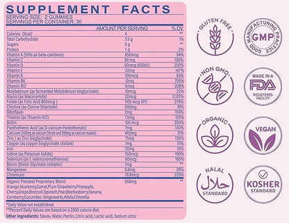 Sugar Free Prenatal Gummies — 30+ Nutrients (Choline, Folate, Iron, Vitamin) for Fetal and Neural Support, Bones, Energy & Immunity — USA-Made Vegan Prenatal Vitamins for Women (60 Gummies)