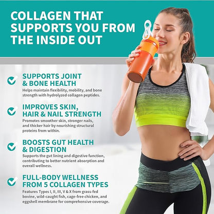 Multi Collagen Protein – Hydrolyzed Collagen for Joint, Skin, Gut, Hair & Nail Health – Unflavored Powder with Types I, II, III, V & X – Grass-Fed & Clean – 58 Servings